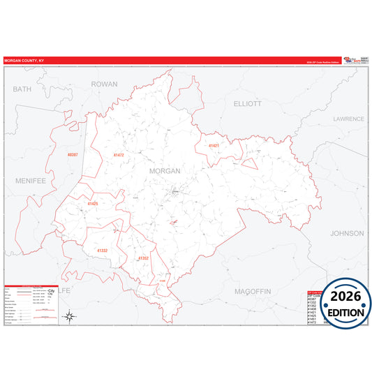 Morgan County, KY Red Line 5 Digit ZIP Code Wall Map