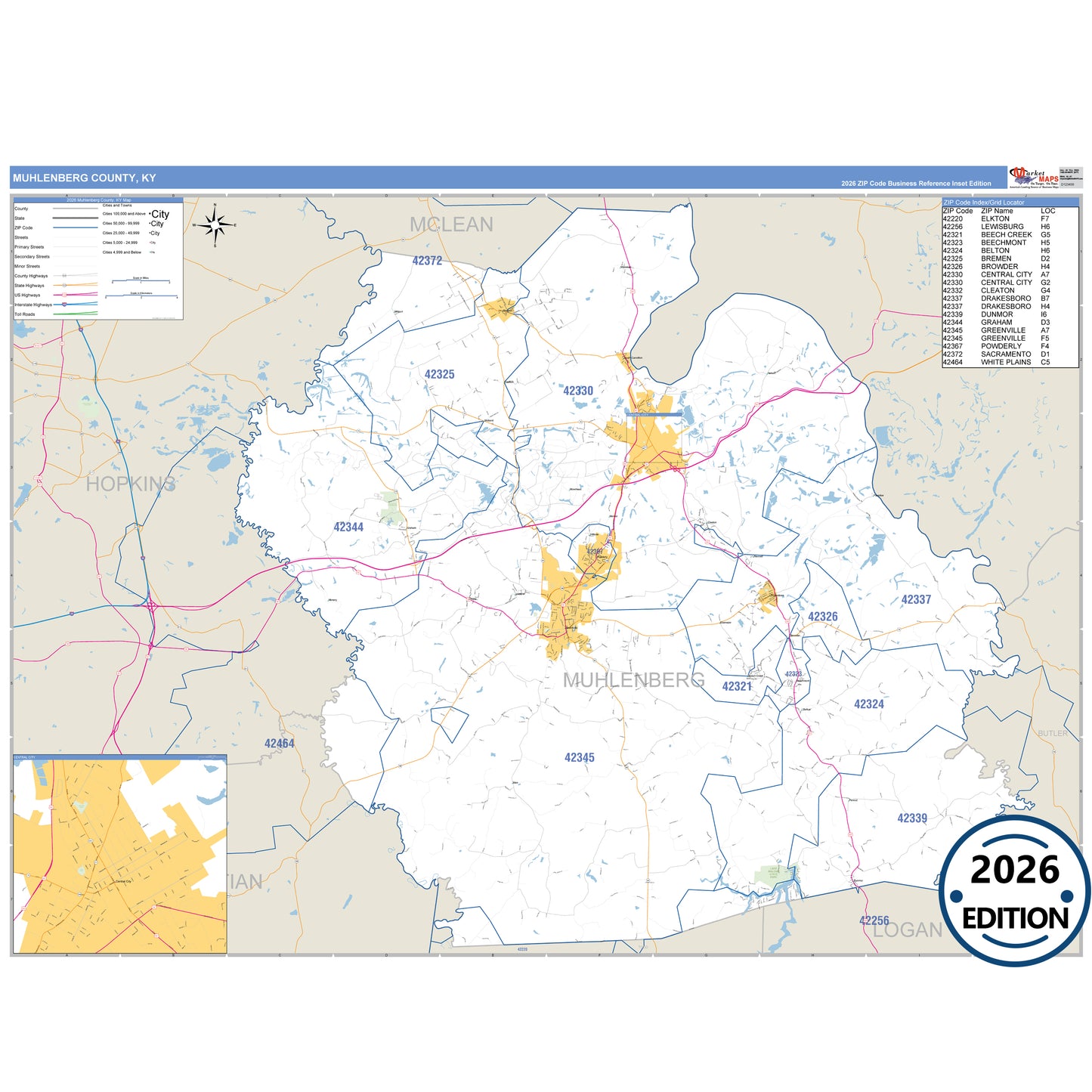 Muhlenberg County, KY Business Reference 5 Digit ZIP Code Wall Map