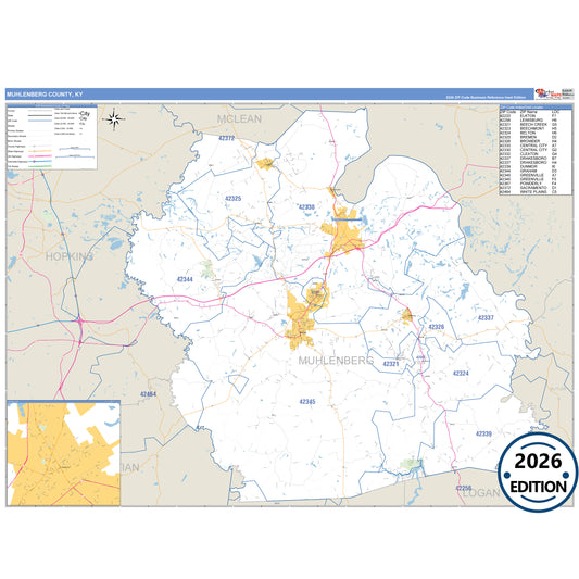Muhlenberg County, KY Business Reference 5 Digit ZIP Code Wall Map