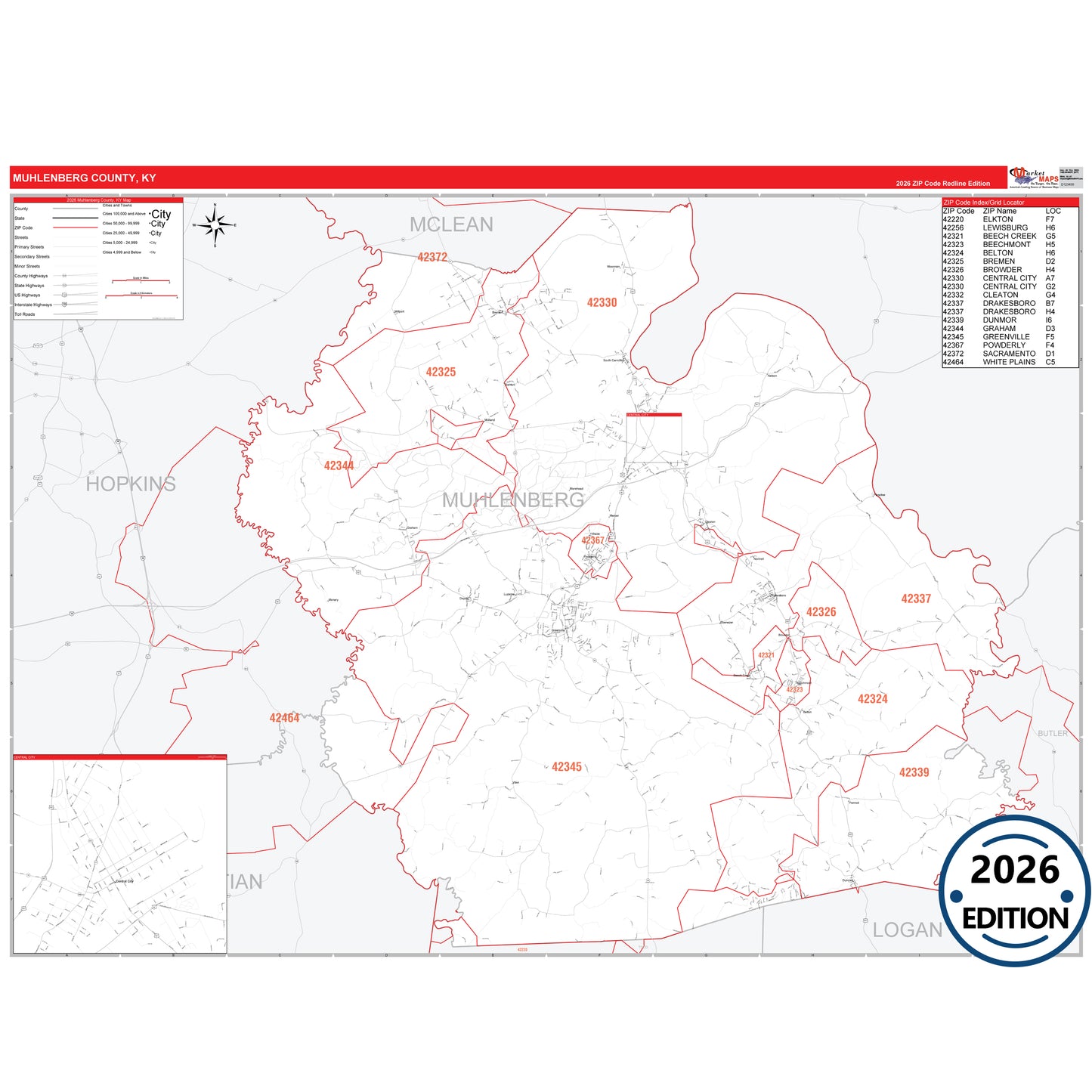 Muhlenberg County, KY Red Line 5 Digit ZIP Code Wall Map