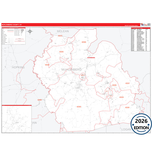 Muhlenberg County, KY Red Line 5 Digit ZIP Code Wall Map