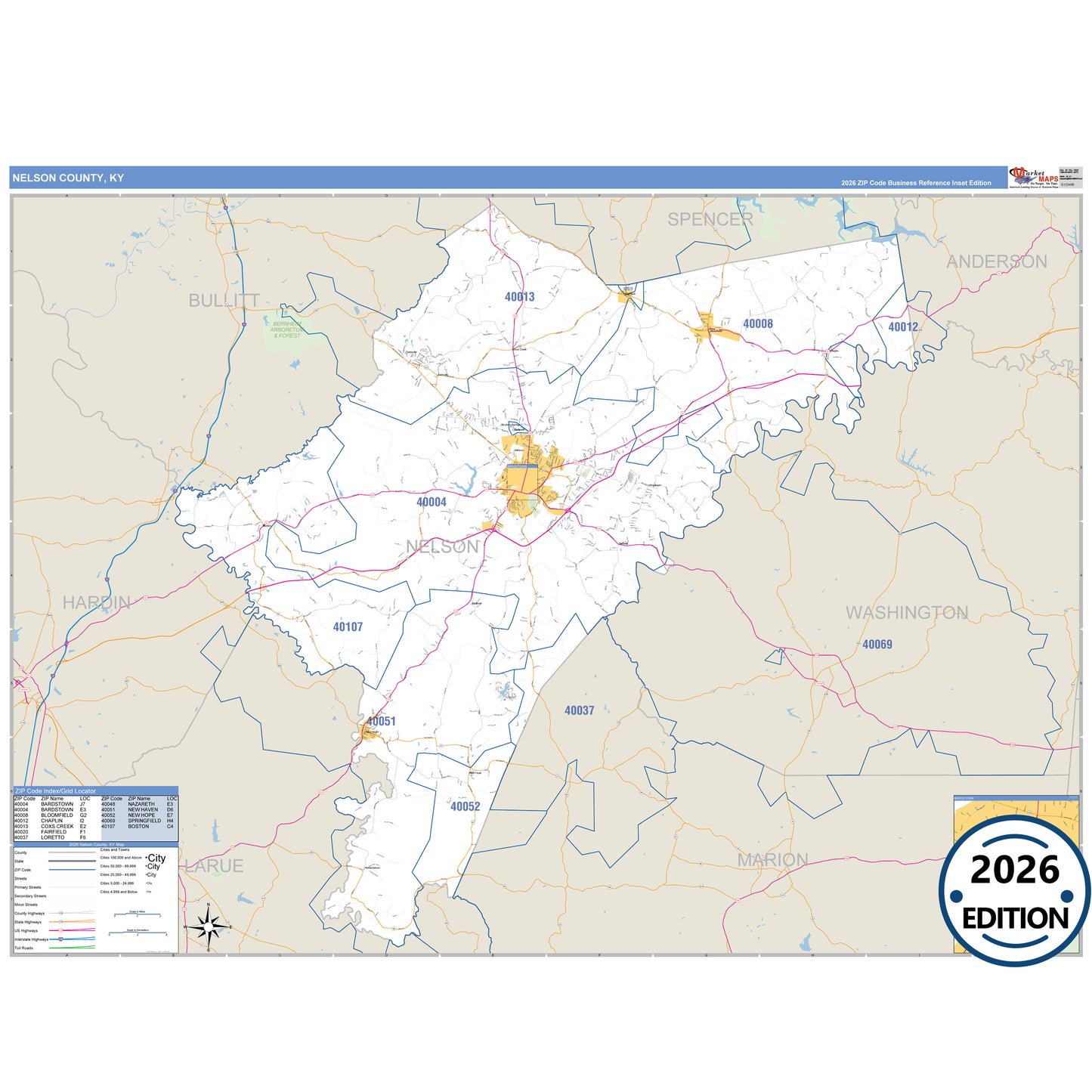 Nelson County, KY Business Reference 5 Digit ZIP Code Wall Map
