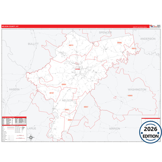 Nelson County, KY Red Line 5 Digit ZIP Code Wall Map