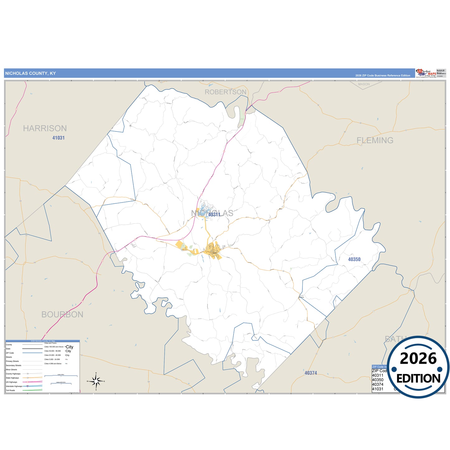 Nicholas County, KY Business Reference 5 Digit ZIP Code Wall Map