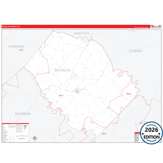 Nicholas County, KY Red Line 5 Digit ZIP Code Wall Map