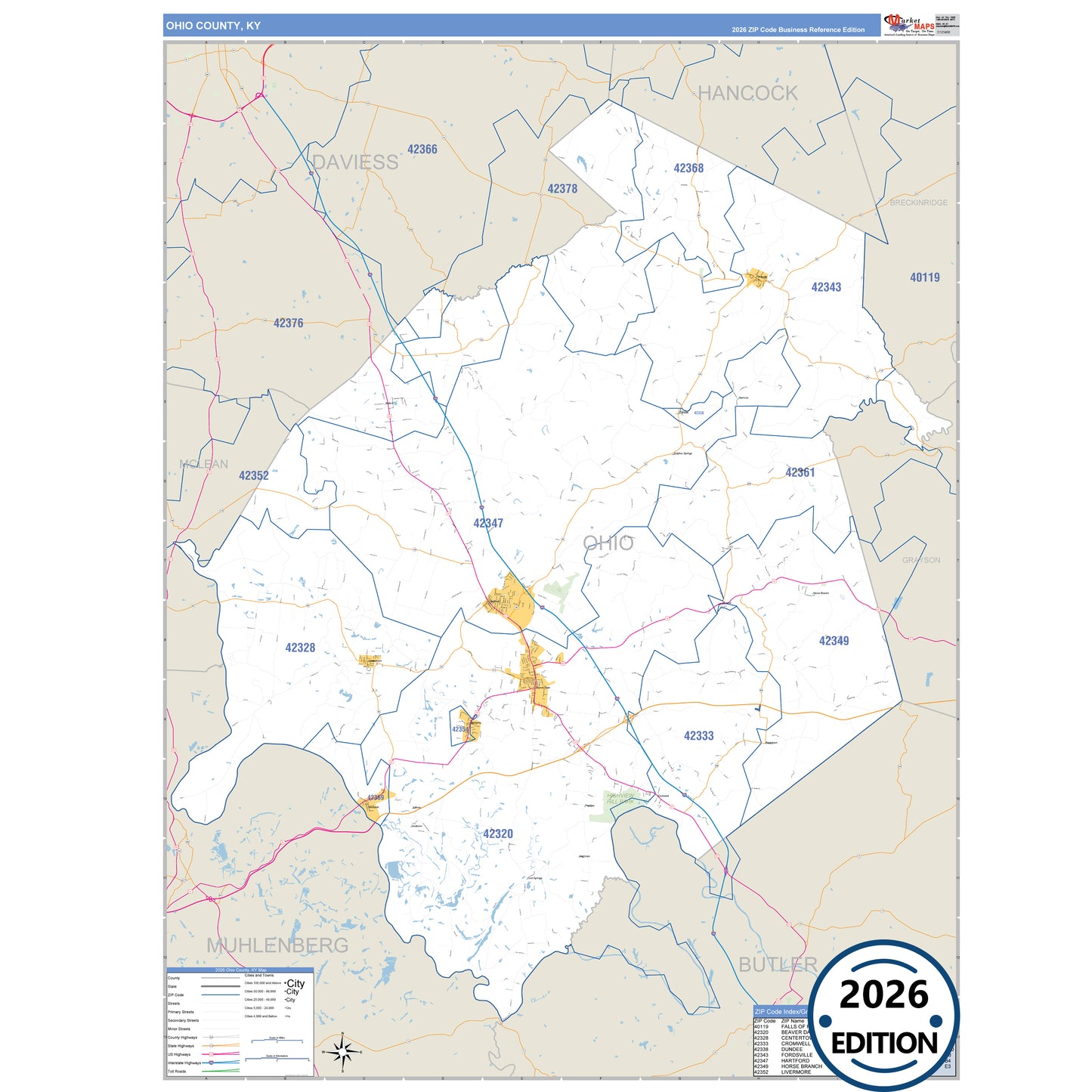 Ohio County, KY Business Reference 5 Digit ZIP Code Wall Map