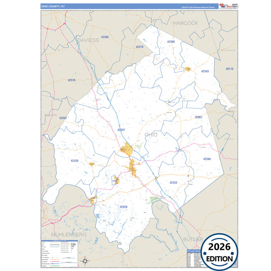 Ohio County, KY Business Reference 5 Digit ZIP Code Wall Map