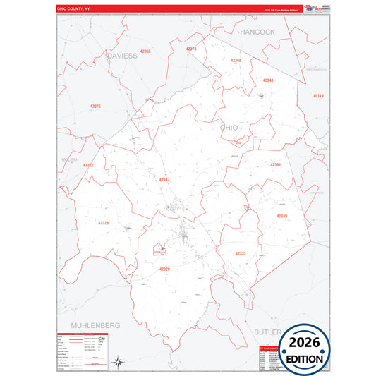 Ohio County, KY Red Line 5 Digit ZIP Code Wall Map