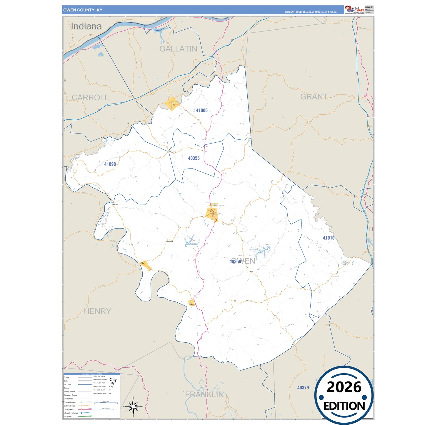 Owen County, KY Business Reference 5 Digit ZIP Code Wall Map
