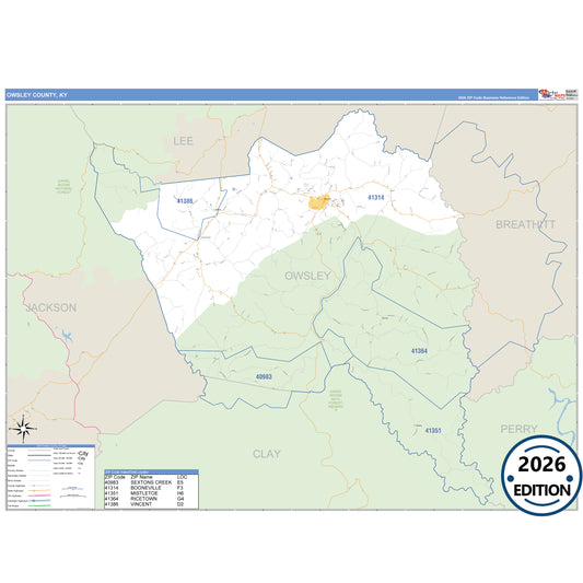 Owsley County, KY Business Reference 5 Digit ZIP Code Wall Map