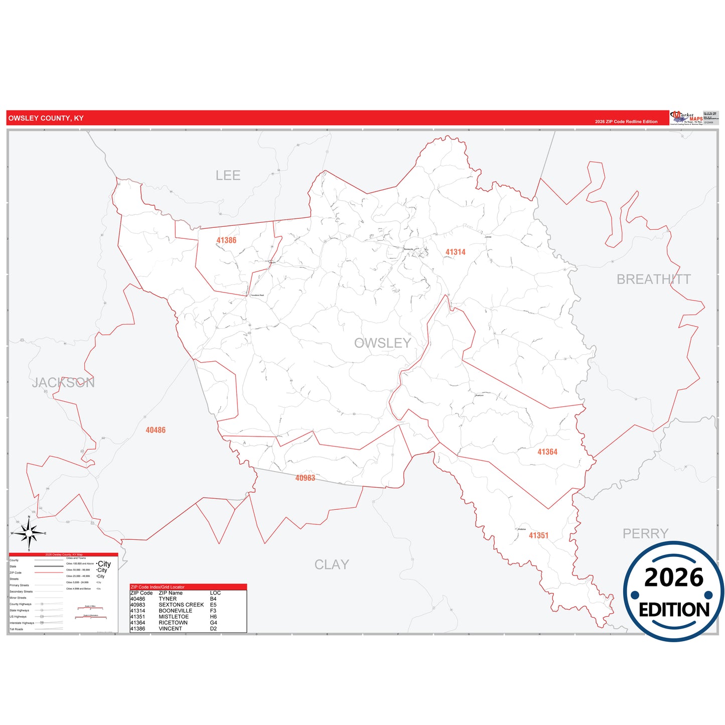 Owsley County, KY Red Line 5 Digit ZIP Code Wall Map
