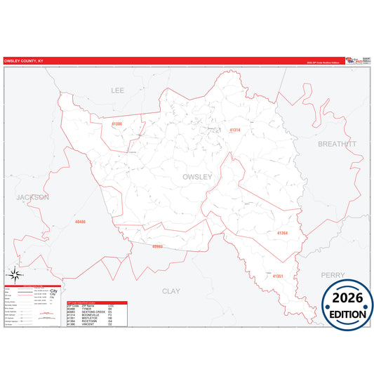 Owsley County, KY Red Line 5 Digit ZIP Code Wall Map