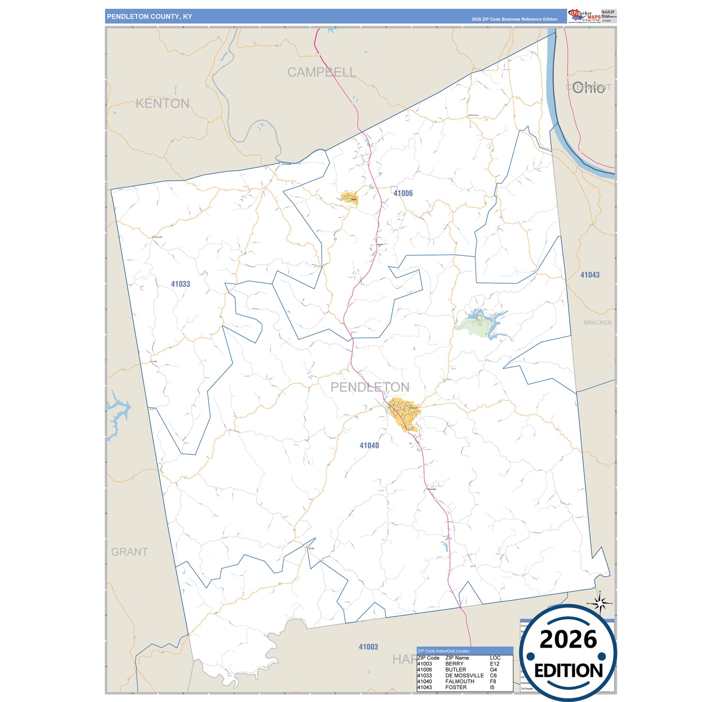 Pendleton County, KY Business Reference 5 Digit ZIP Code Wall Map