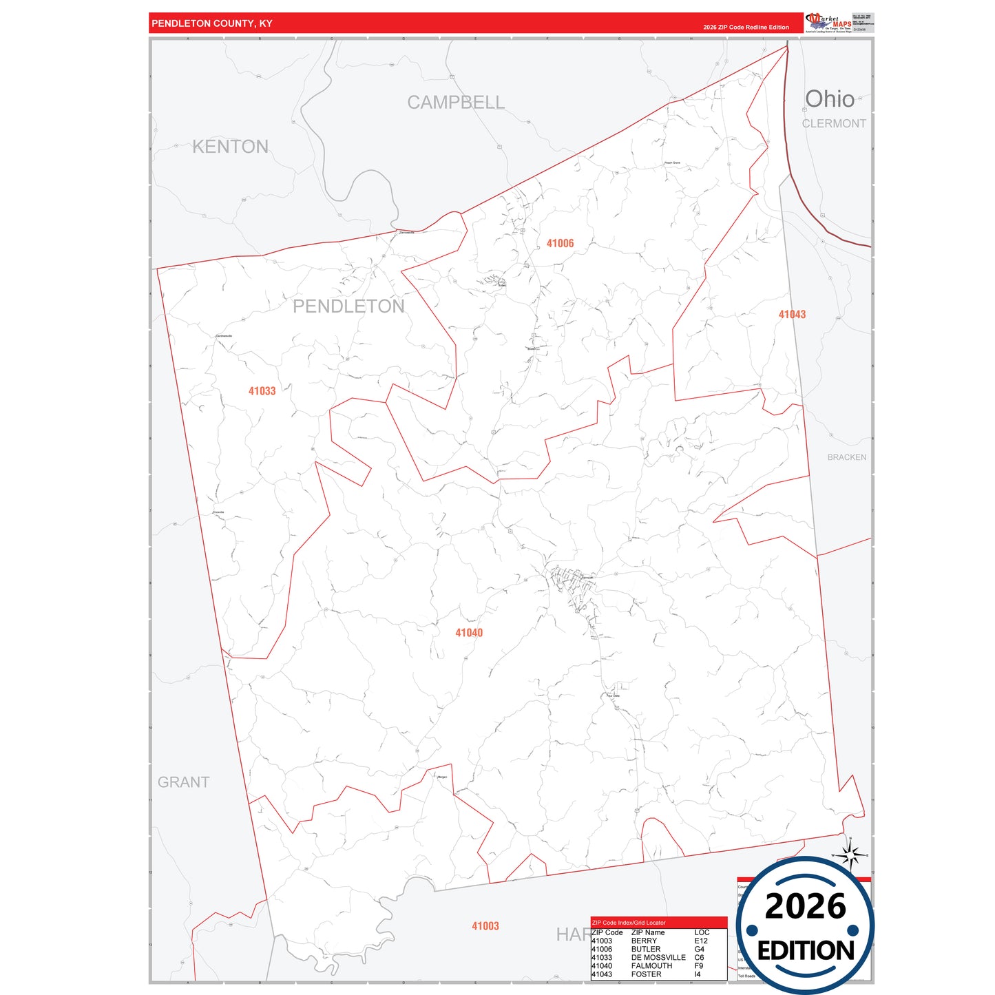 Pendleton County, KY Red Line 5 Digit ZIP Code Wall Map