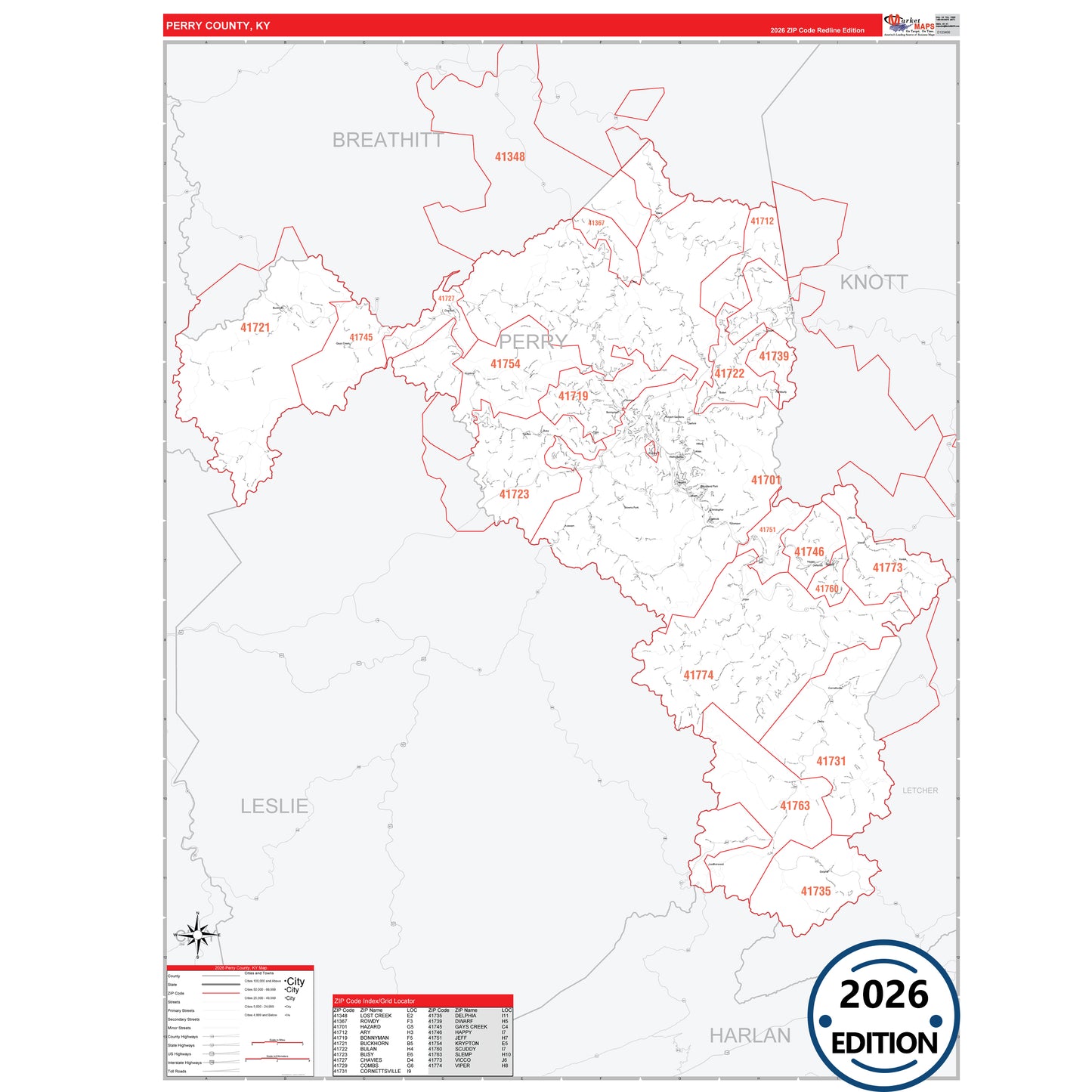 Perry County, KY Red Line 5 Digit ZIP Code Wall Map