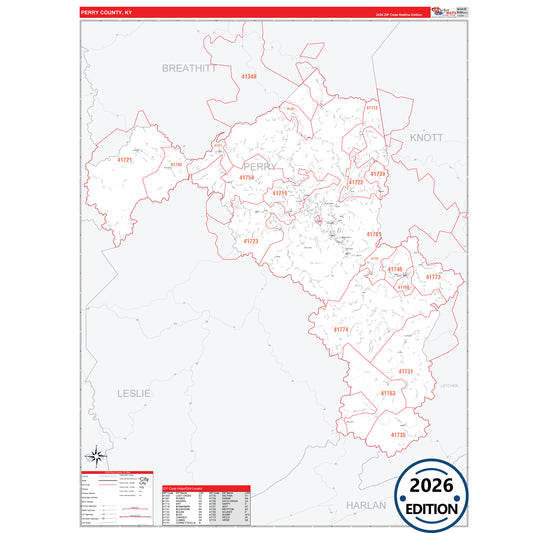 Perry County, KY Red Line 5 Digit ZIP Code Wall Map