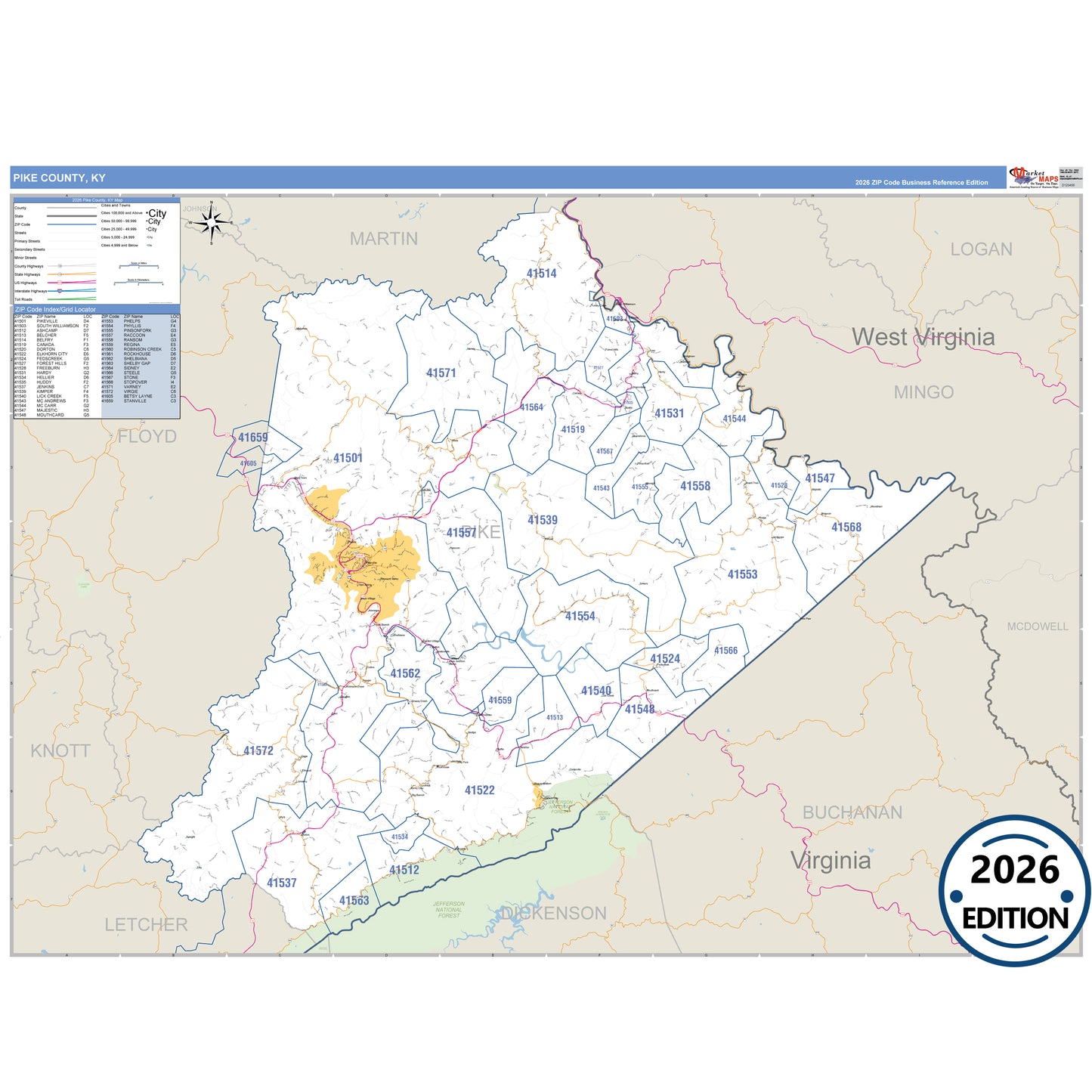 Pike County, KY Business Reference 5 Digit ZIP Code Wall Map