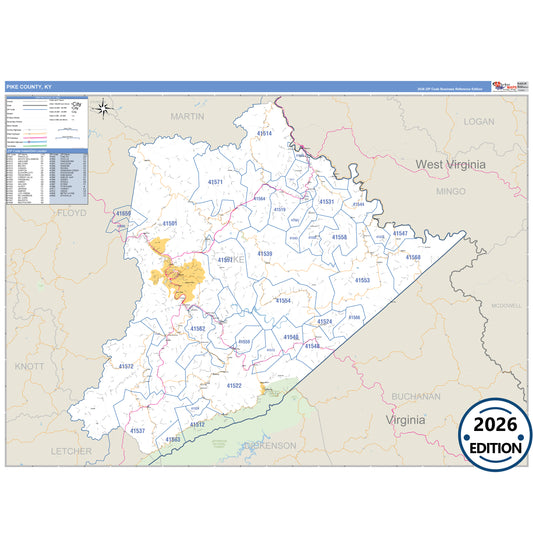 Pike County, KY Business Reference 5 Digit ZIP Code Wall Map