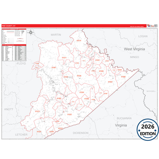 Pike County, KY Red Line 5 Digit ZIP Code Wall Map