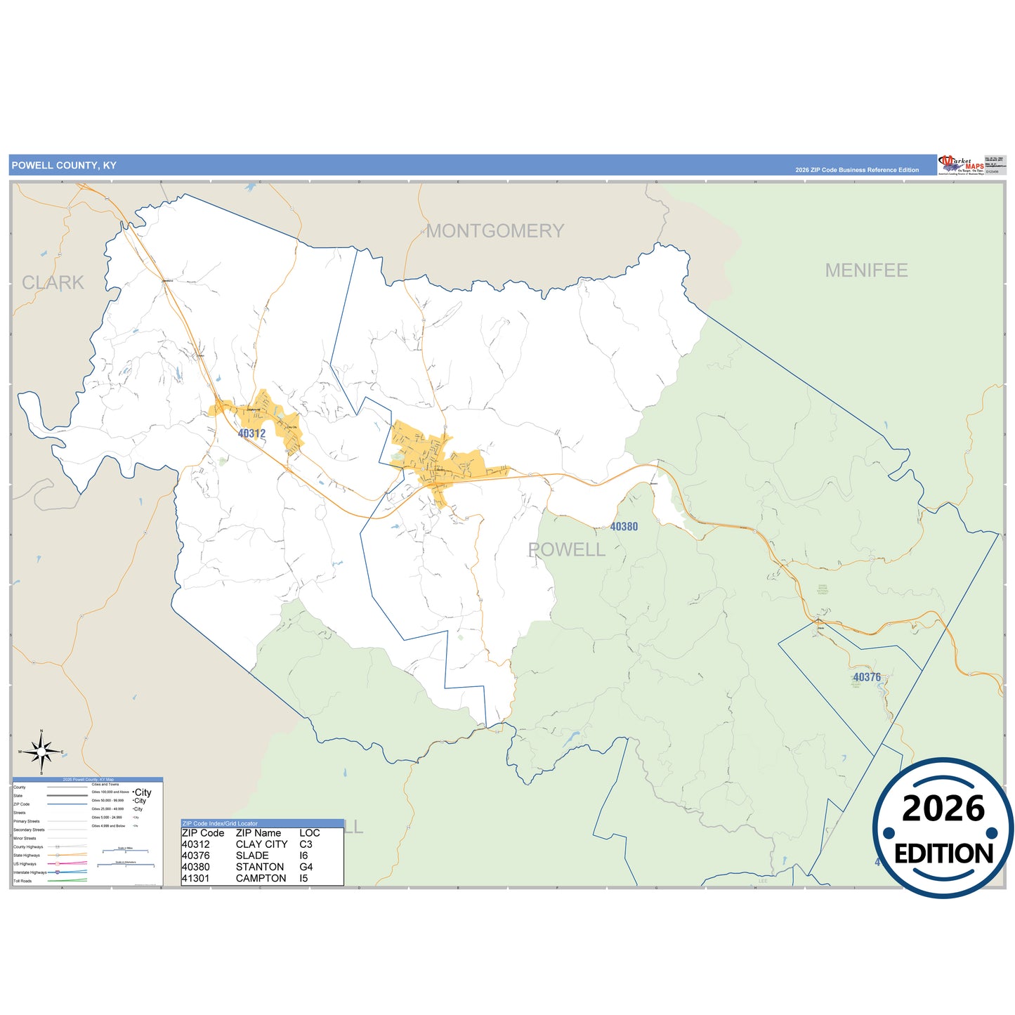 Powell County, KY Business Reference 5 Digit ZIP Code Wall Map