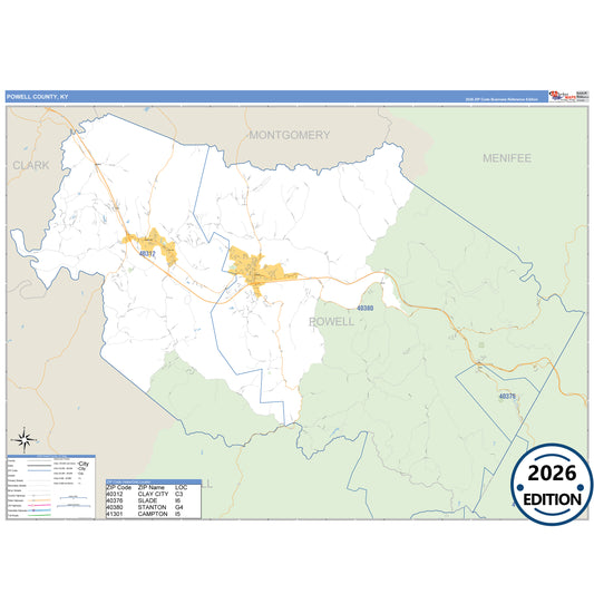 Powell County, KY Business Reference 5 Digit ZIP Code Wall Map