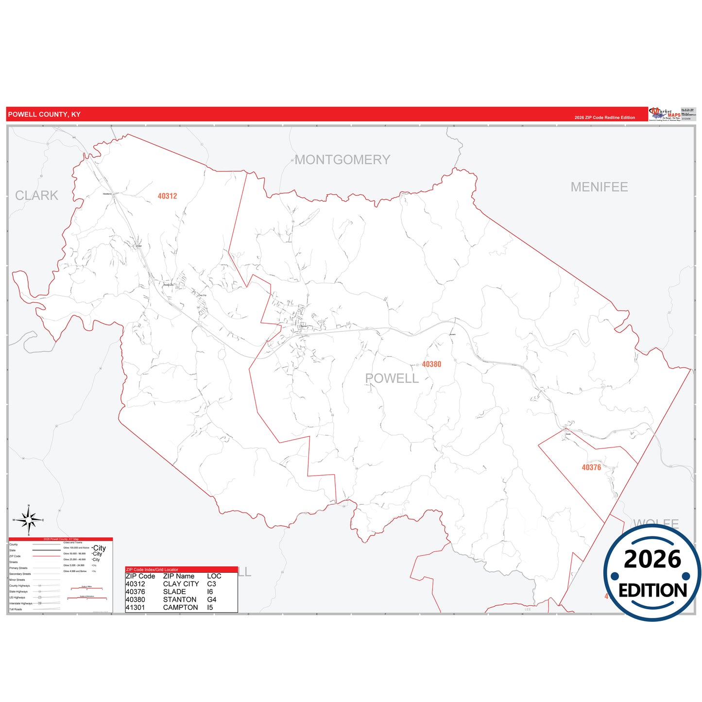 Powell County, KY Red Line 5 Digit ZIP Code Wall Map