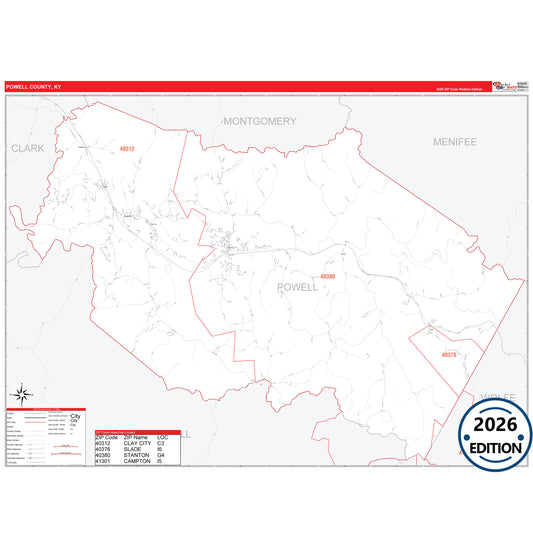 Powell County, KY Red Line 5 Digit ZIP Code Wall Map