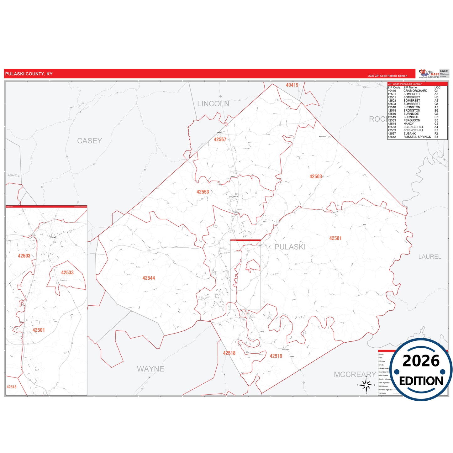 Pulaski County, KY Red Line 5 Digit ZIP Code Wall Map