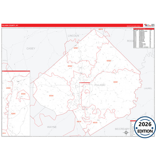 Pulaski County, KY Red Line 5 Digit ZIP Code Wall Map