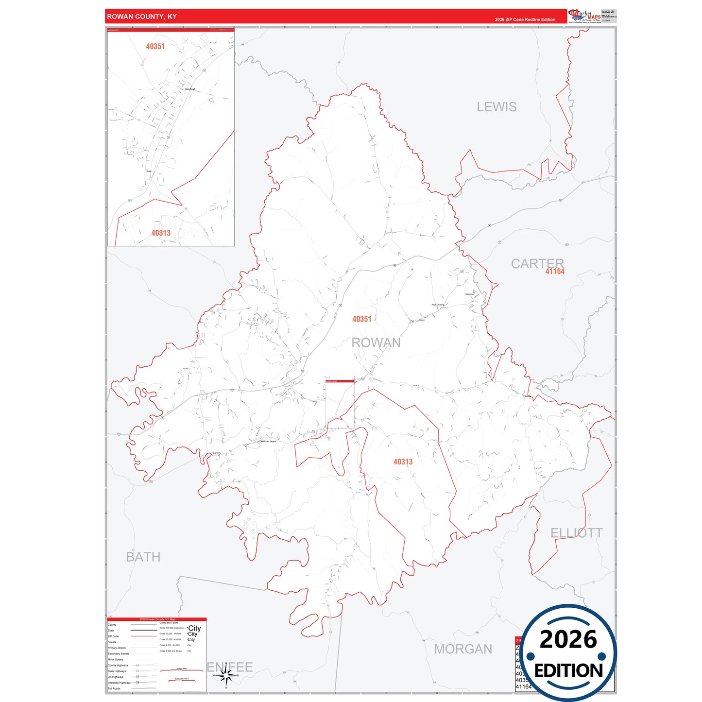 Rowan County, KY Red Line 5 Digit ZIP Code Wall Map