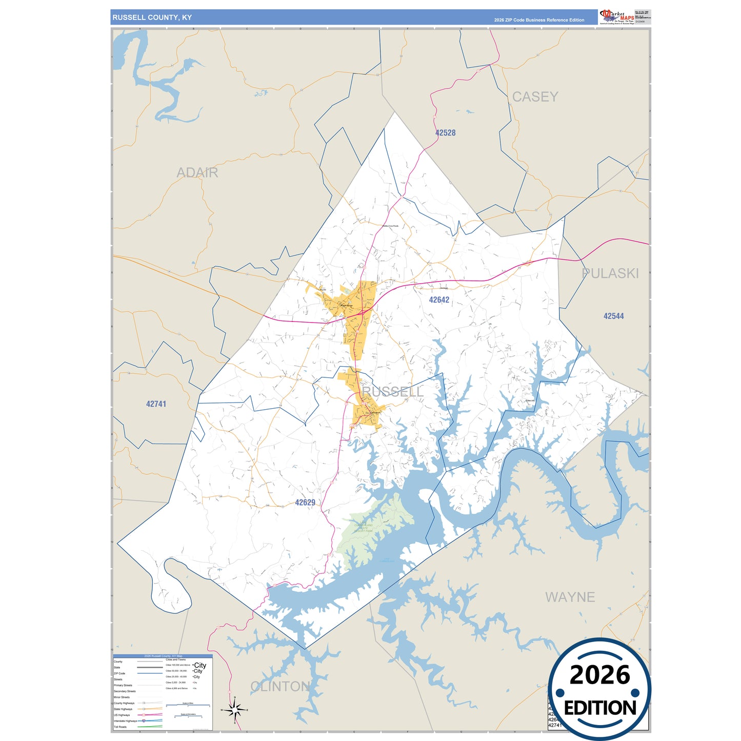 Russell County, KY Business Reference 5 Digit ZIP Code Wall Map