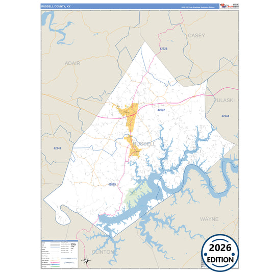 Russell County, KY Business Reference 5 Digit ZIP Code Wall Map