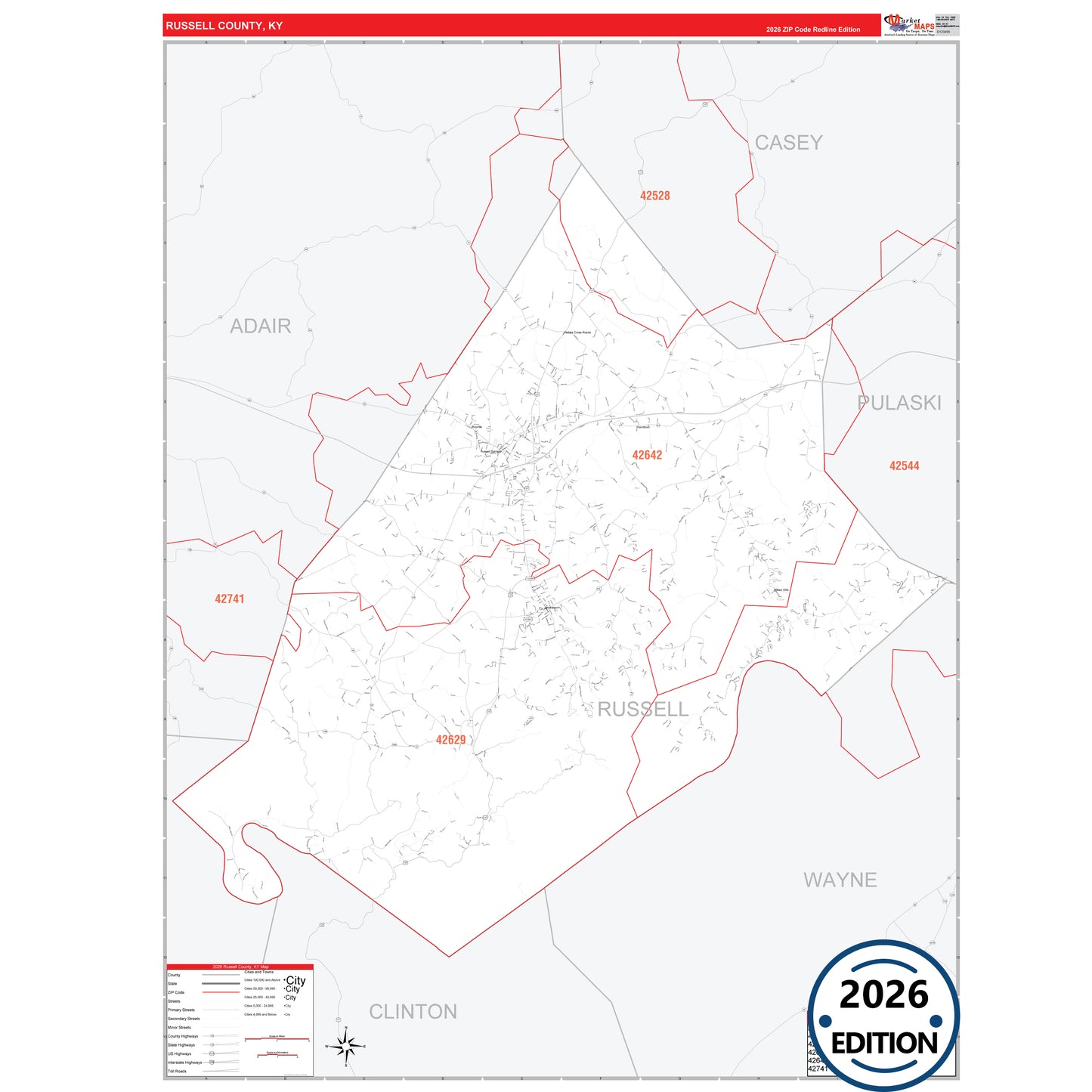 Russell County, KY Red Line 5 Digit ZIP Code Wall Map