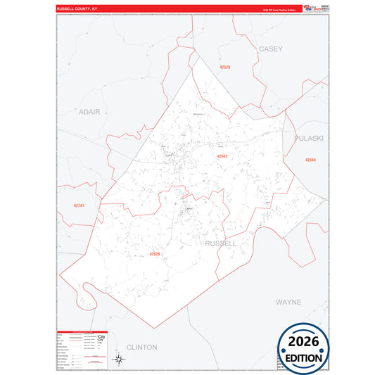 Russell County, KY Red Line 5 Digit ZIP Code Wall Map