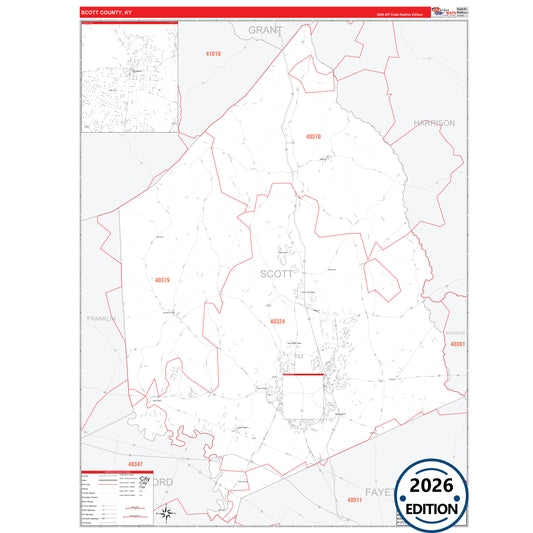 Scott County, KY Red Line 5 Digit ZIP Code Wall Map