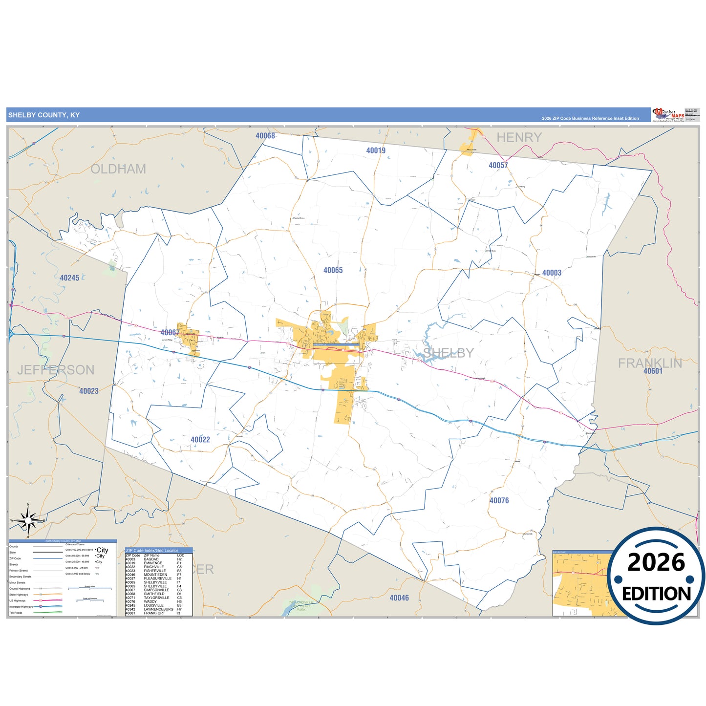 Shelby County, KY Business Reference 5 Digit ZIP Code Wall Map
