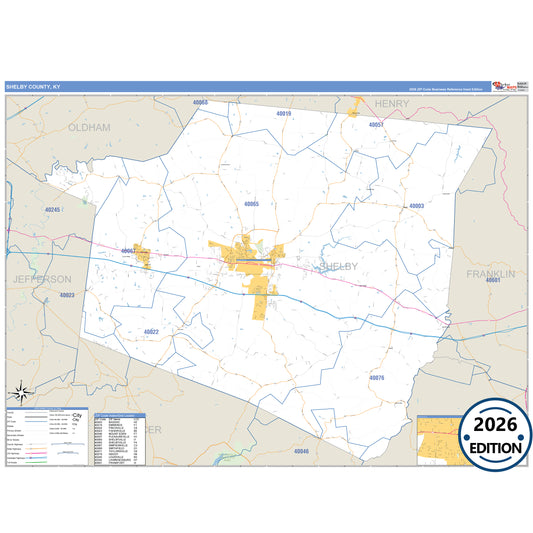 Shelby County, KY Business Reference 5 Digit ZIP Code Wall Map