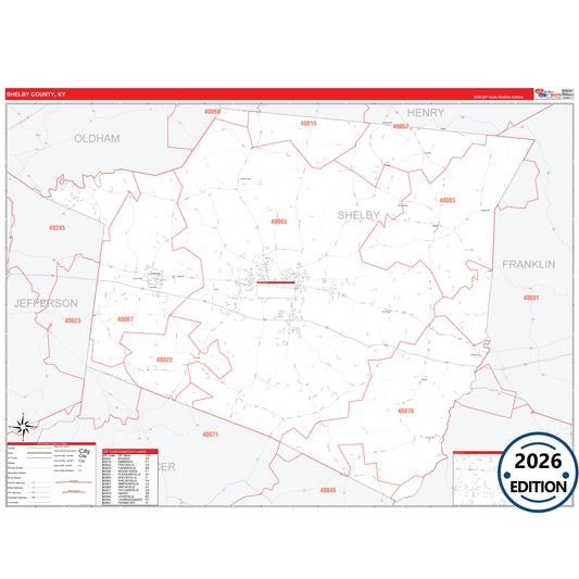 Shelby County, KY Red Line 5 Digit ZIP Code Wall Map