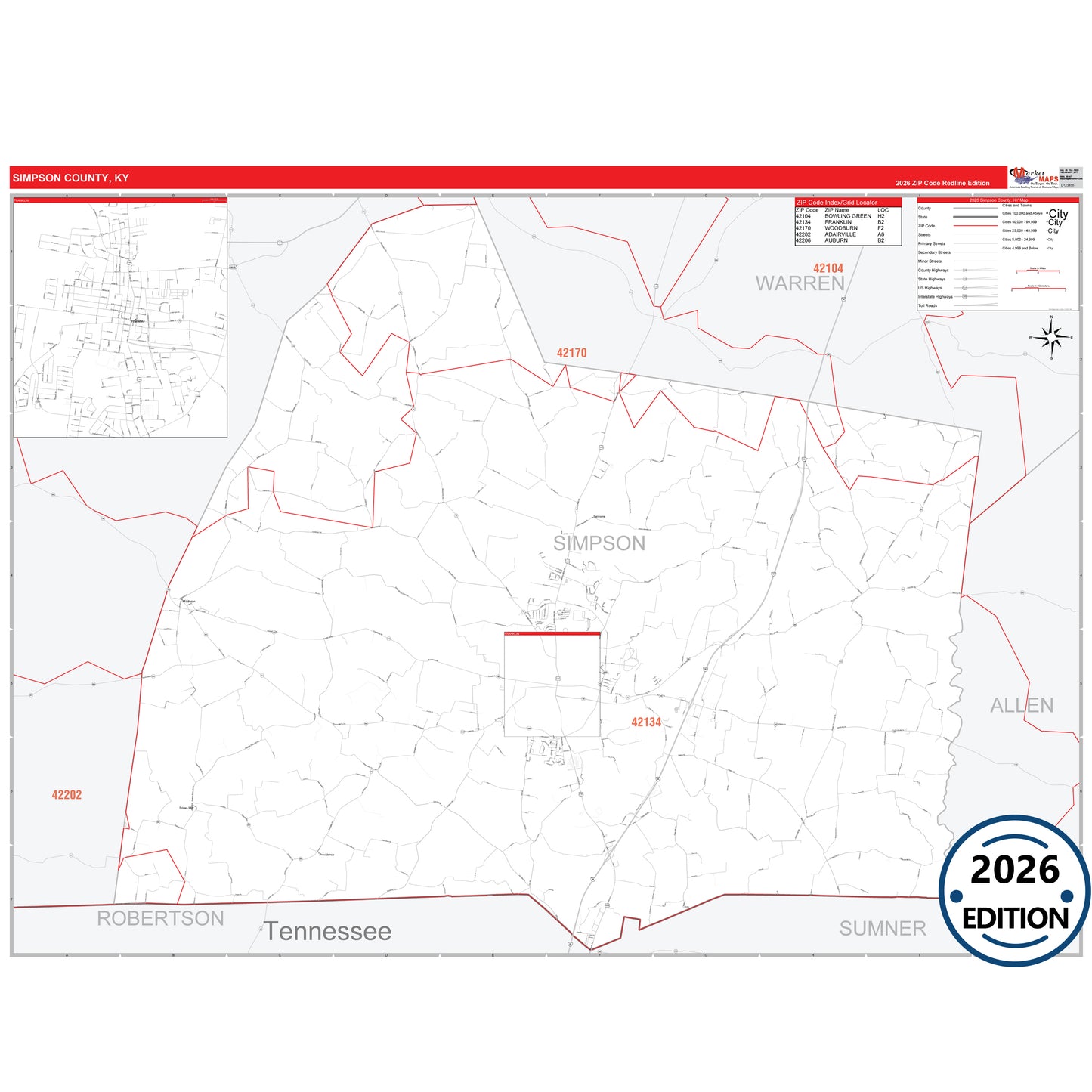 Simpson County, KY Red Line 5 Digit ZIP Code Wall Map