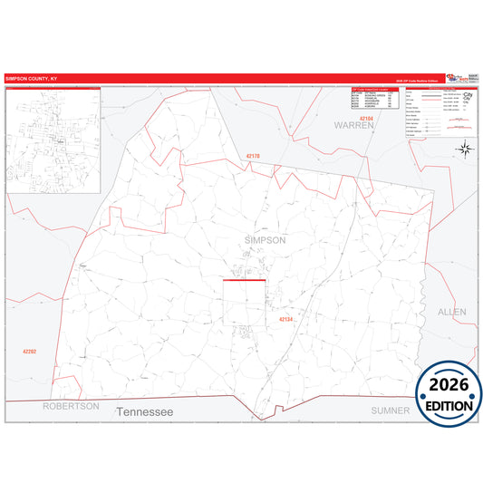Simpson County, KY Red Line 5 Digit ZIP Code Wall Map
