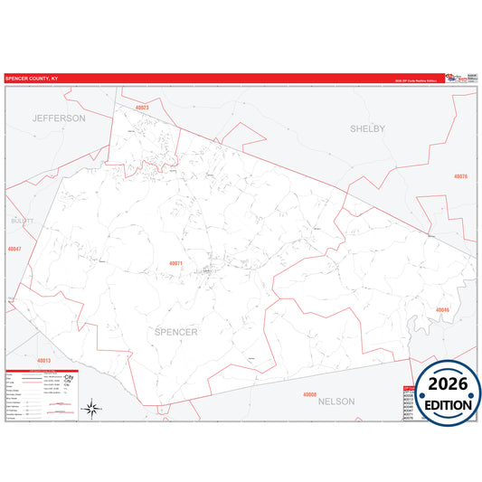Spencer County, KY Red Line 5 Digit ZIP Code Wall Map