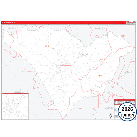 Taylor County, KY Red Line 5 Digit ZIP Code Wall Map