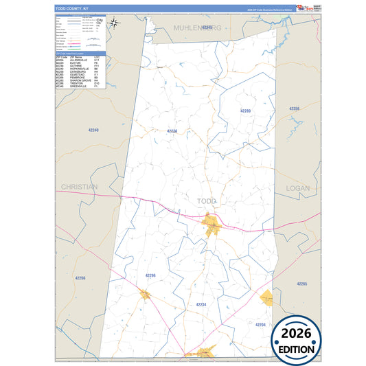 Todd County, KY Business Reference 5 Digit ZIP Code Wall Map