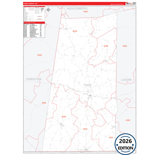 Todd County, KY Red Line 5 Digit ZIP Code Wall Map