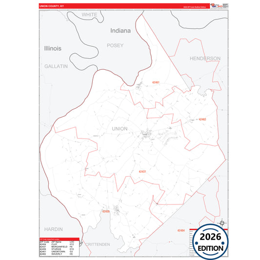 Union County, KY Red Line 5 Digit ZIP Code Wall Map