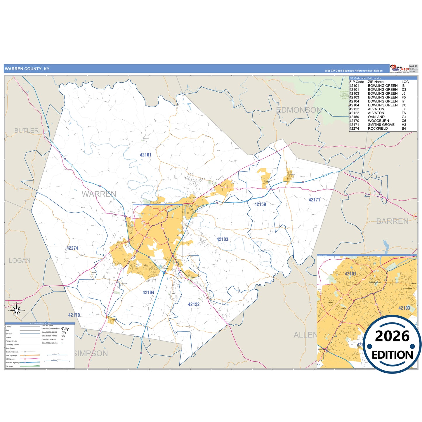 Warren County, KY Business Reference 5 Digit ZIP Code Wall Map