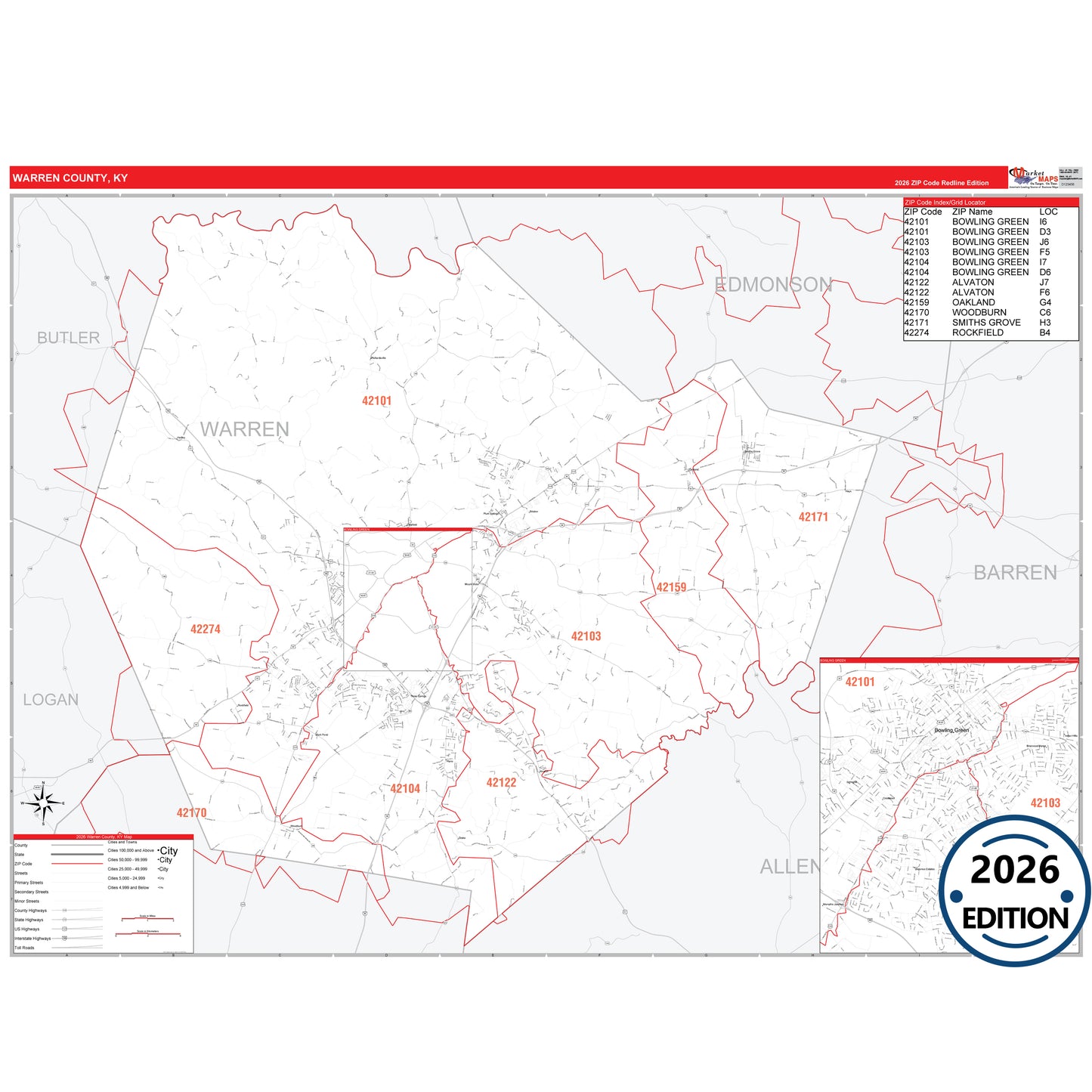 Warren County, KY Red Line 5 Digit ZIP Code Wall Map