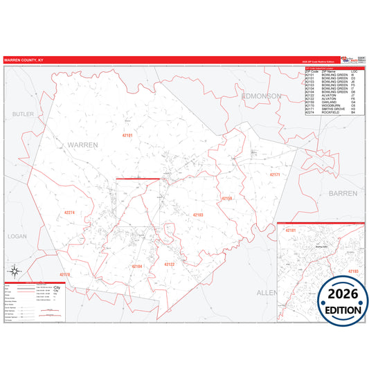 Warren County, KY Red Line 5 Digit ZIP Code Wall Map