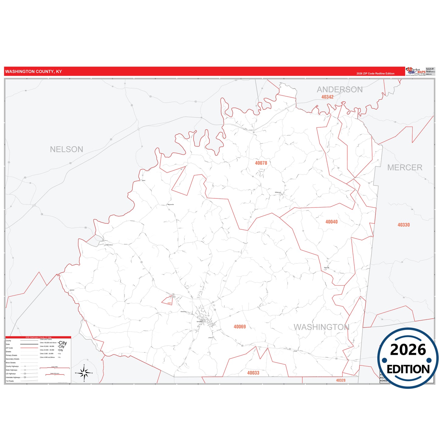 Washington County, KY Red Line 5 Digit ZIP Code Wall Map