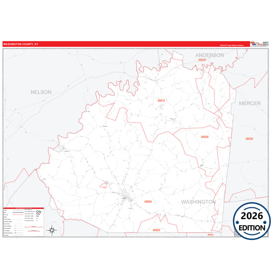 Washington County, KY Red Line 5 Digit ZIP Code Wall Map